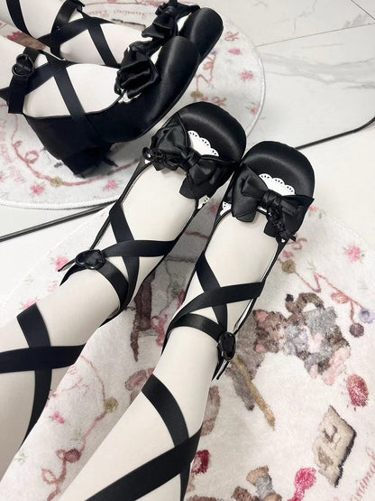 Sweet Lolita Satin Black Mary Janes - Round Toe with Detachable Heart Snap Strap & Top Bow