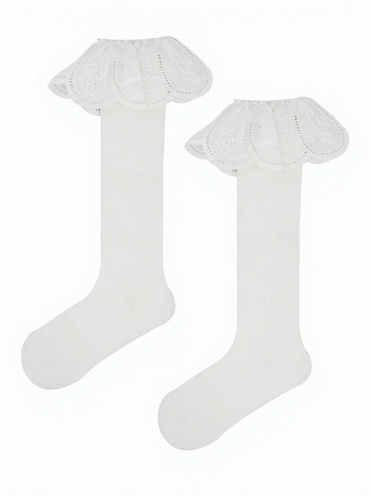 White and Black Calf Socks with Large Ruffle Trim - ModaSwings