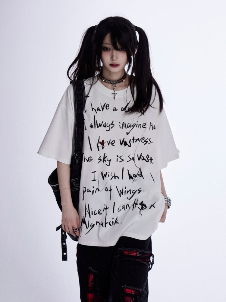 White Graffiti Letter Print Loose T-Shirt