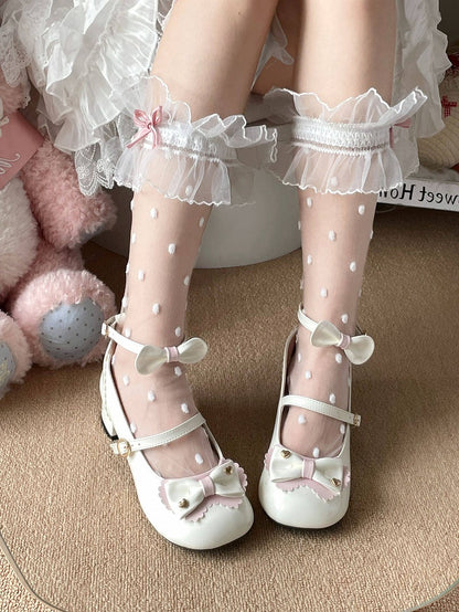 Polka Calf Lace Pink Dot Style White Ruffle Socks Bow Lolita with