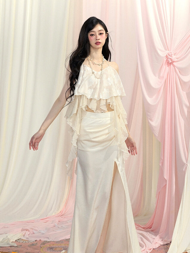 トップス/太もも丈スリットスカート アプリコット アシンメトリー フリル裾 ホルターネック シフォン