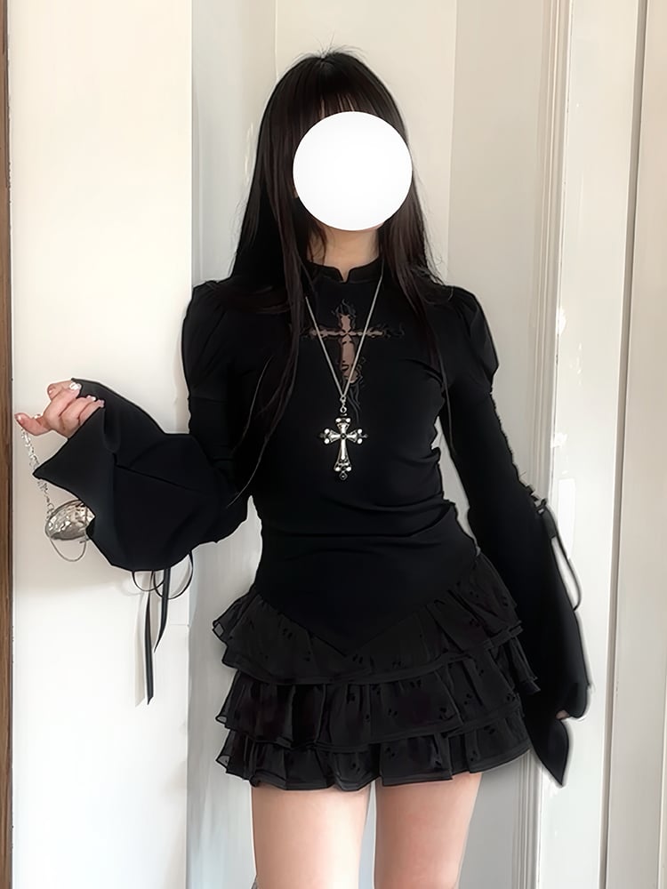 Black Trim Three-Tiered Mini Skirt Lace