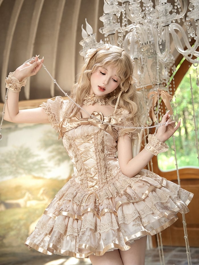 Ärmel Korsett Lolita Kitty Kurzes Kleid Print und Bunny Puff Champagner