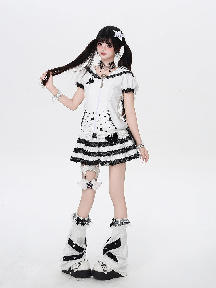 Jirai Trim Bunny Ears Design Hood Lace Kei Black/White