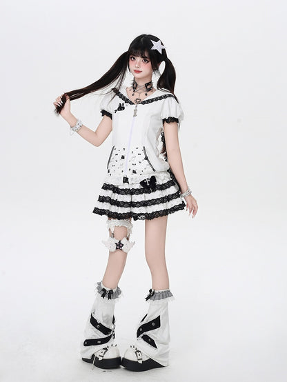 Jirai Trim Bunny Ears Design Hood Lace Kei Black/White