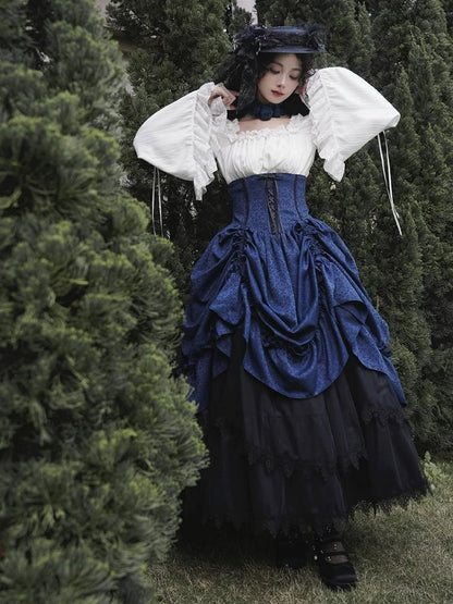Boned Dark Lolita Bust Gothic High Skirt Blue Drawstring Waist Under
