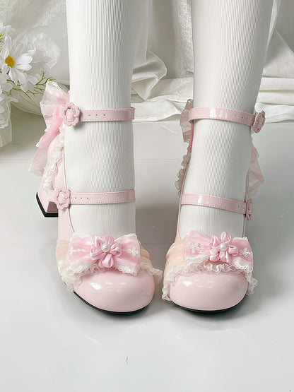 Pink Cherry Flower Heel Sweet Lolita Shoes with Bow - XIN MENG