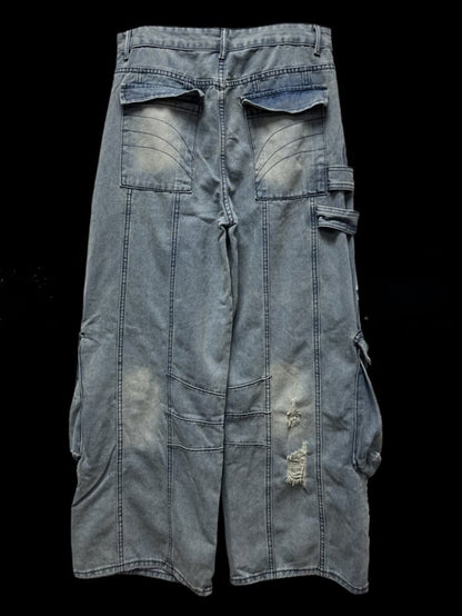 and Blue Distressed Cargo Wide-Leg Edgy with Pockets Jeans Graffiti Accents