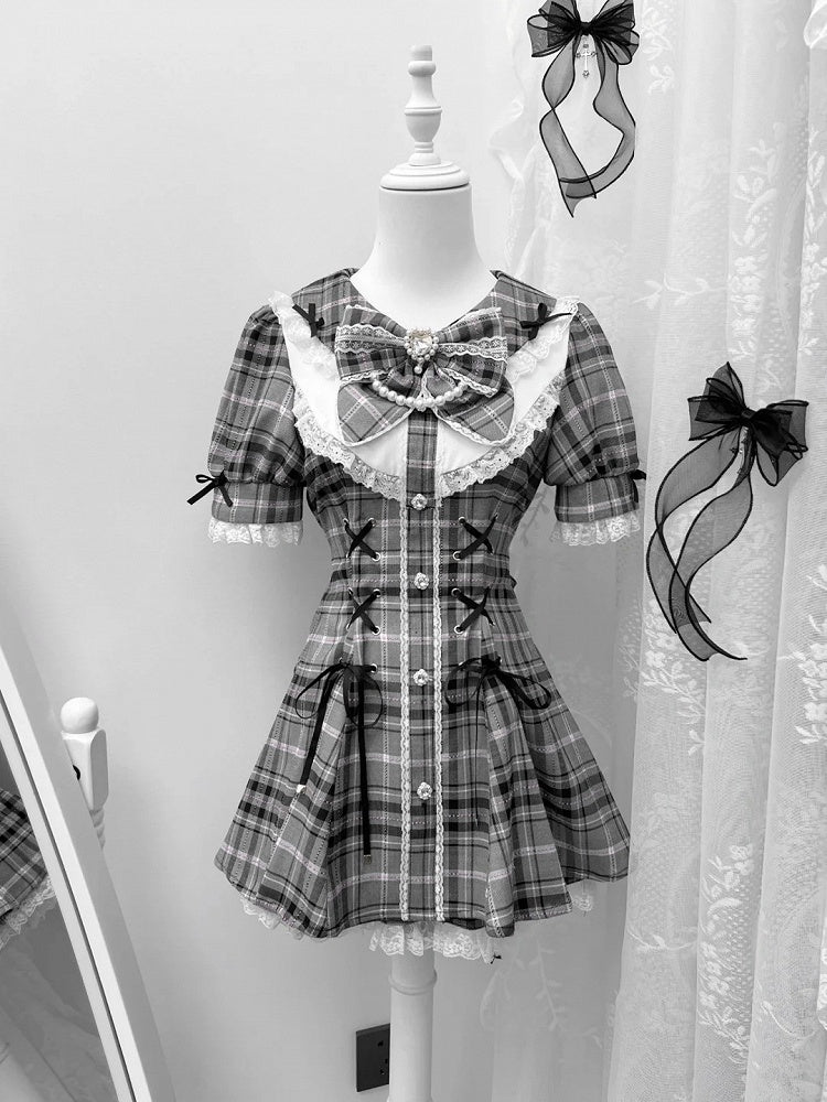 グレーケイチェックウエストラインストーンジライミニドレス+ショーツ装飾セットレースアップディテール