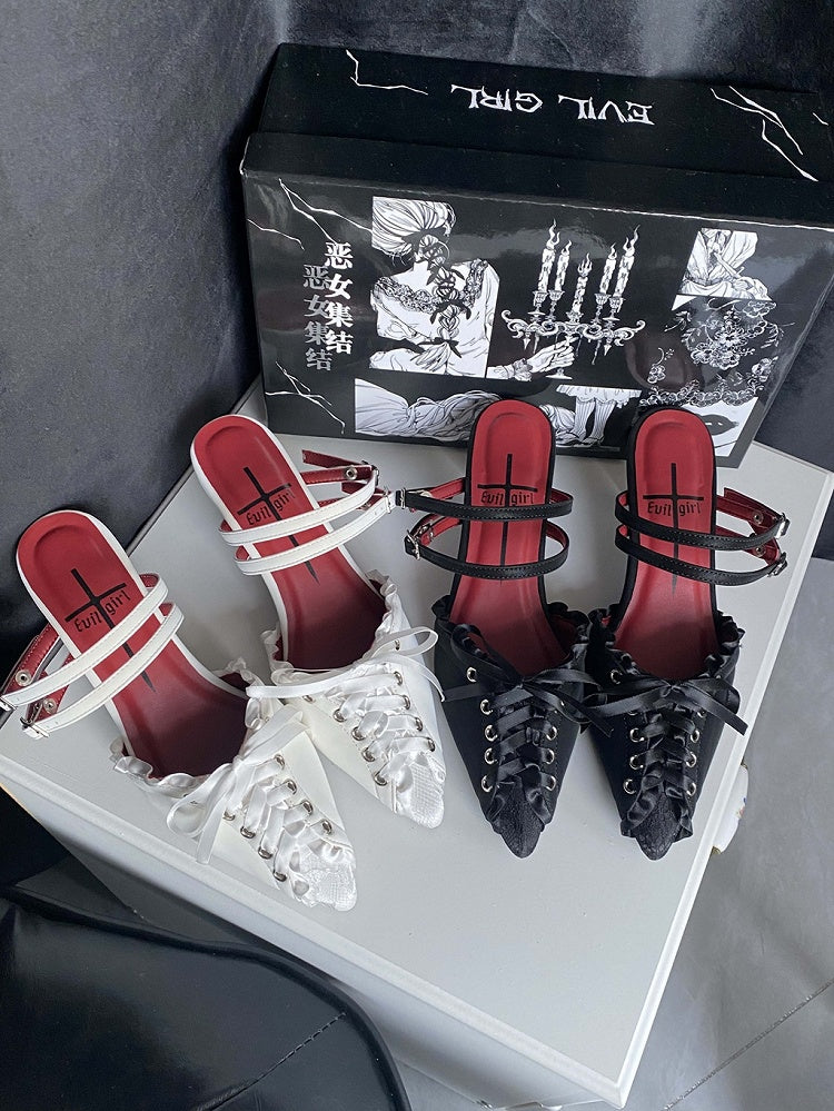 White Pointed Sandals Toe Gothic Slingback Lace-up Detail