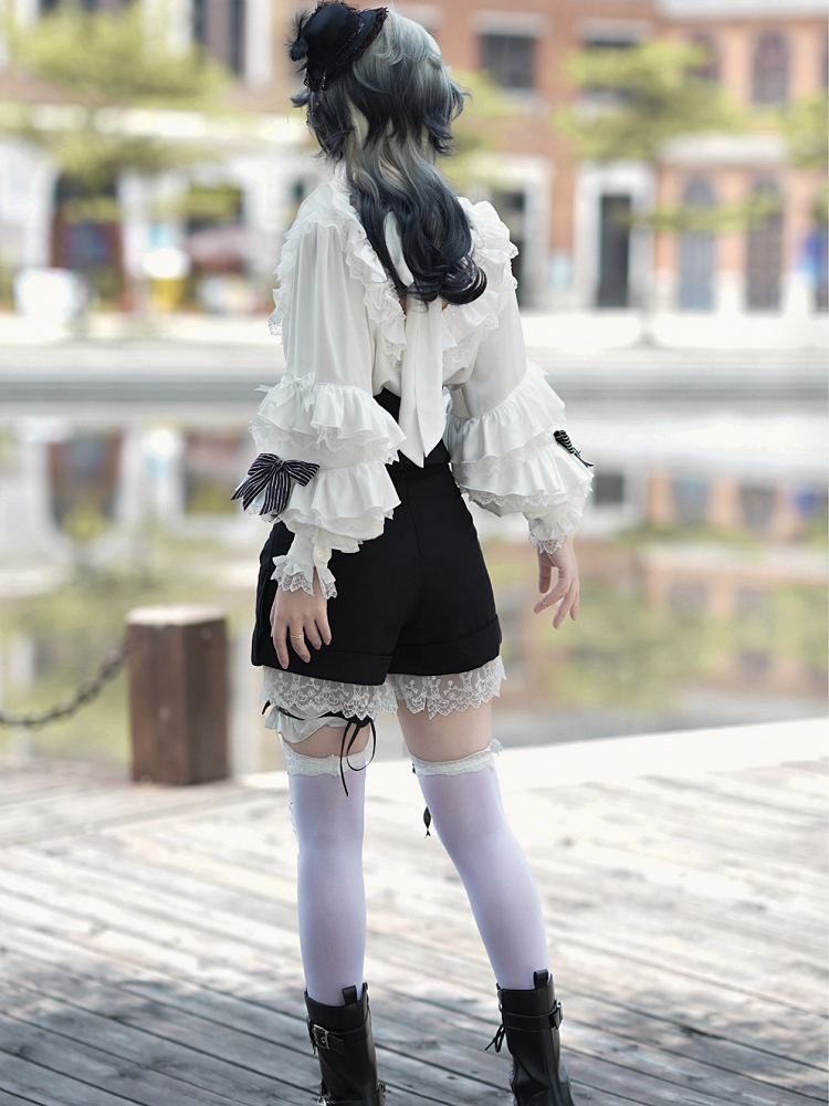Lolita High-low Skirt Outfit Vibes Black Belt Ouji Shorts Circus Print + Shirt Bunny Corset - White