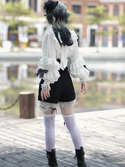 Lolita High-low Skirt Outfit Vibes Black Belt Ouji Shorts Circus Print + Shirt Bunny Corset - White