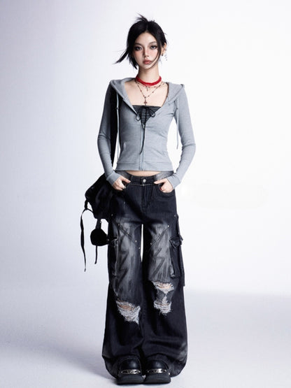 Slim-fitting Hooded Black/Gray/Red Top Zip Closure