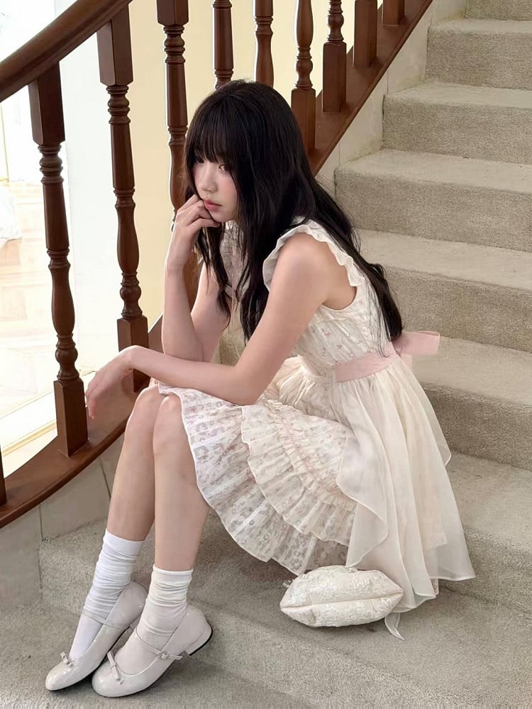 White Seiso-Kei Floral Flutter Sleeve Dress Ruffle - LA LA JK