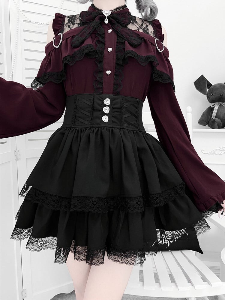 Sleeves Shoulders with Jirai Top Bell Set: Red Wine Open Kei Three-Piece