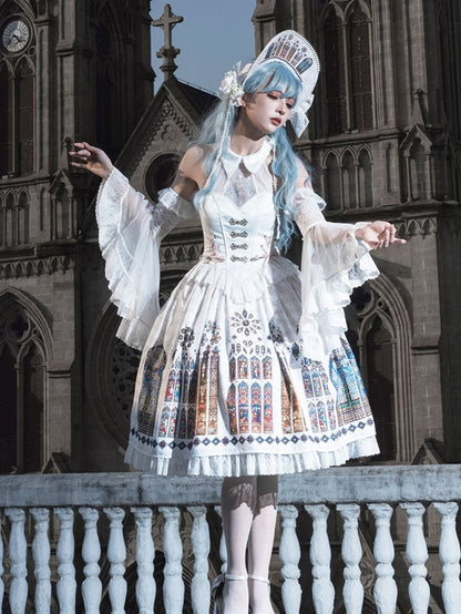 Window Halter White Gothic Lolita Neck Print Stained Jumper Church Skirt