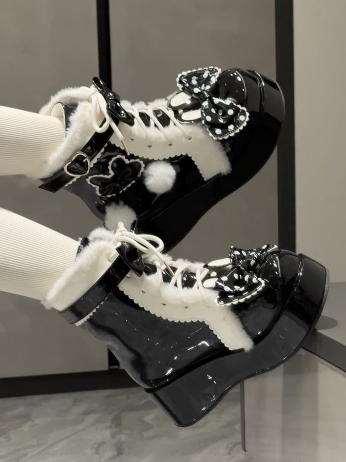 Sweet Ankle Closure Furry - Rabbit Bunny Ear Black Interior for Boots with Lace-Up Bow Lolita