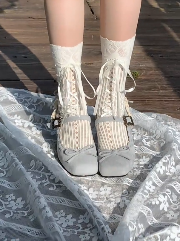 Bow - Jane Front Mary Shoes Square Heel Toe Blue Classic Mid with