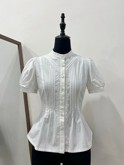 Blouse Bodice Sleeves Puff White Short Lolita Pleated