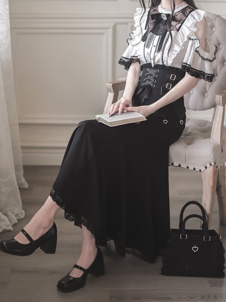 Short Neckline Kei and Illusion Black Cutout with White Blouse Lace Jirai Sleeves Shoulder Trim