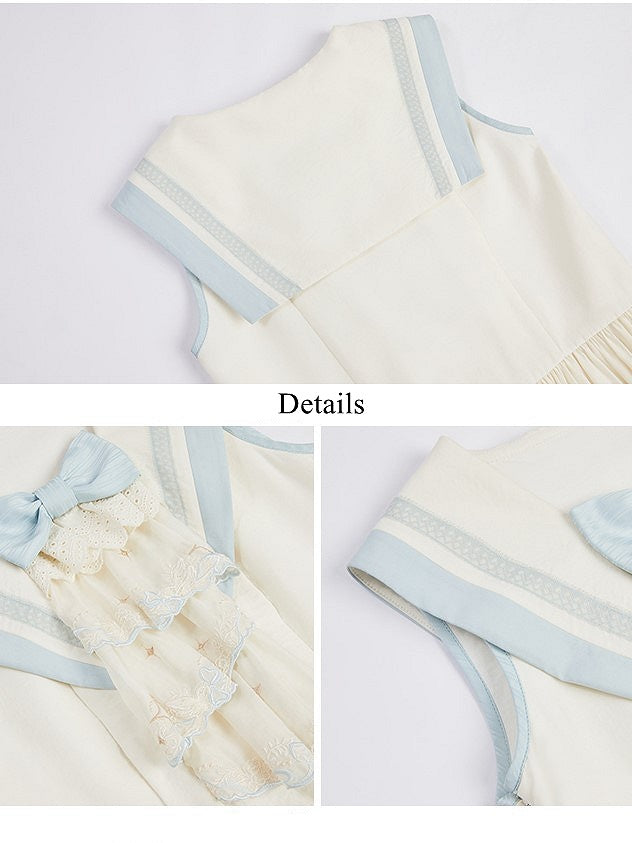 Accent Light White Sailor Bow Collar and Milk Lace Trims Lolita with Blue Dress
