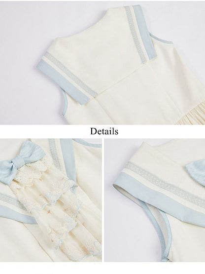 Accent Light White Sailor Bow Collar and Milk Lace Trims Lolita with Blue Dress