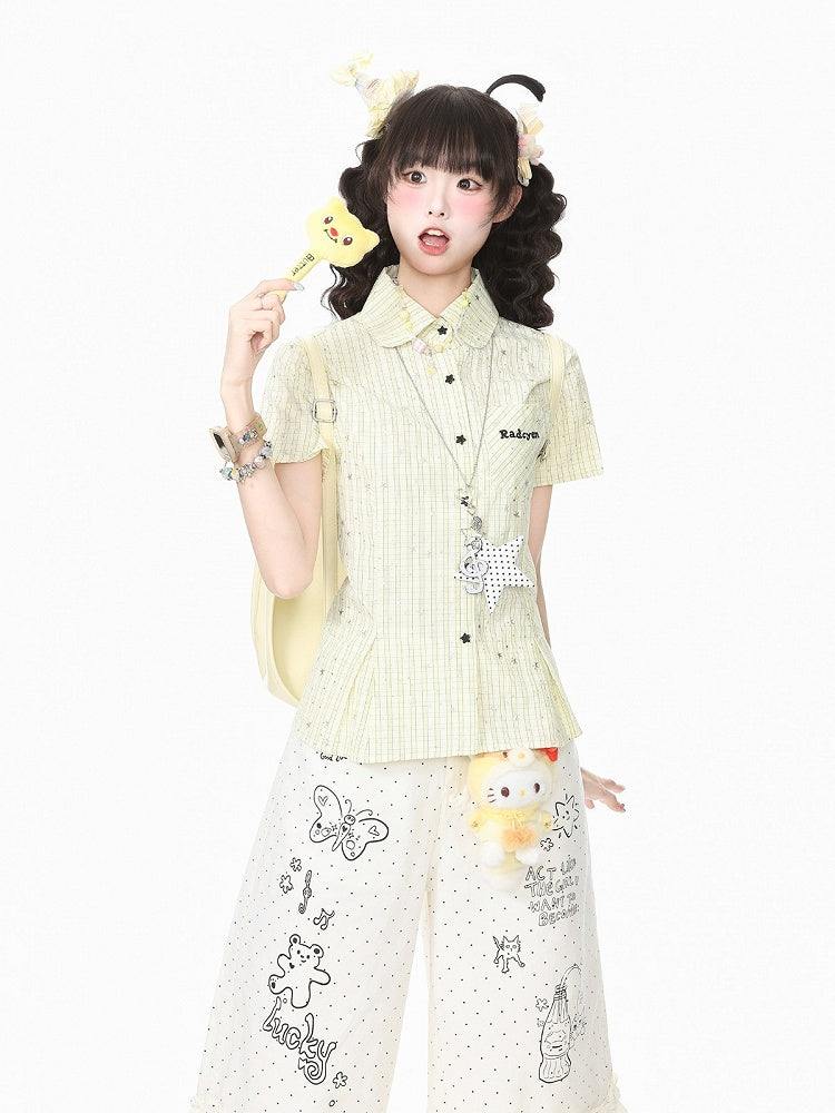 Yellow Plaid Short-Sleeve Shirt with Star Print and Necklace - Languid Park