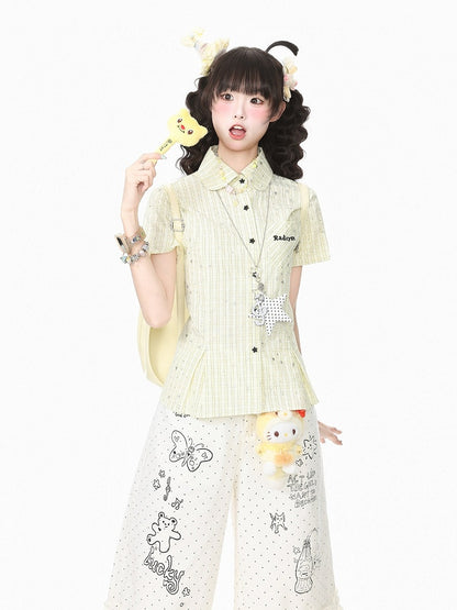 Yellow Plaid Short-Sleeve Shirt with Star Print and Necklace - Languid Park