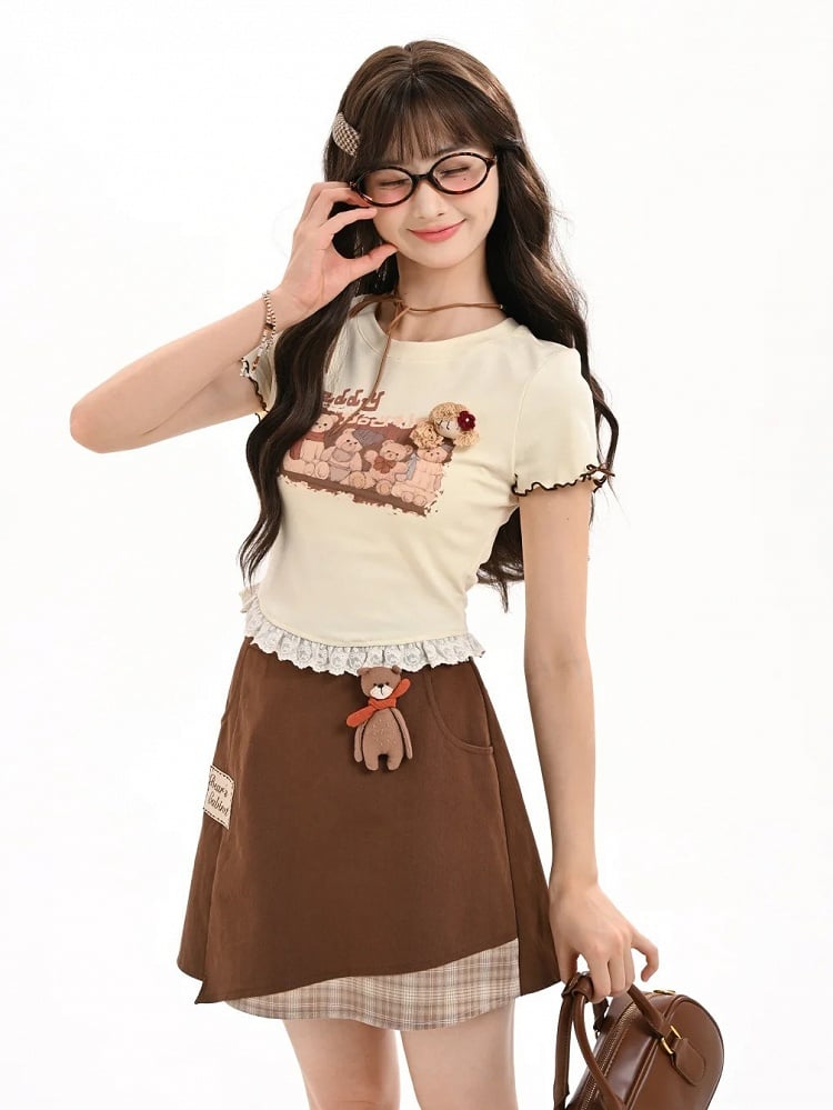 Teddy Bear Print Lettuce Vintage Cuffs T-shirt Lace Hem Apricot