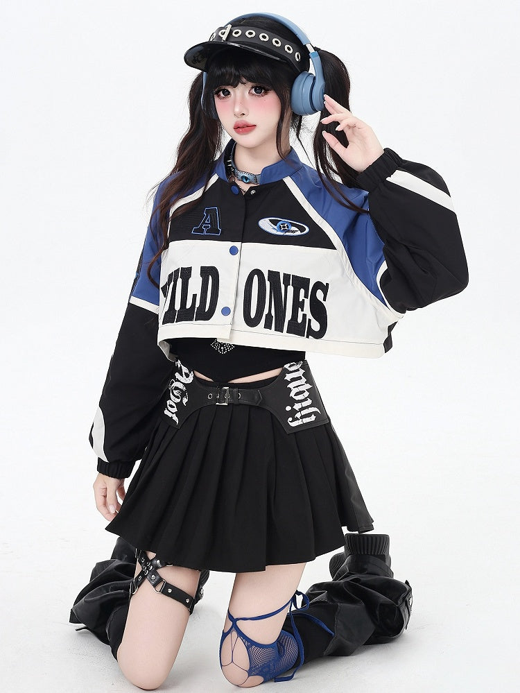 Buttoned Hem with in Blue Detachable 2-in-1 Letter Jacket Baseball Placket Pattern Black