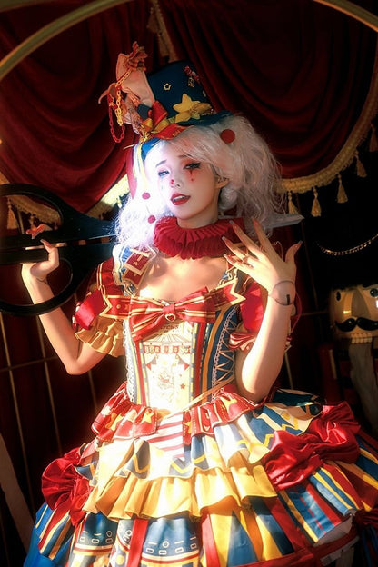 with Skirt Blue Jumper Sweet Dress Bunny Circus Embroidery and Sleeves Detachable Lolita Puff Red