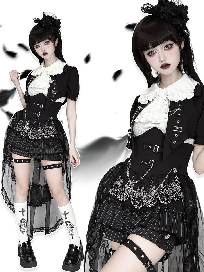 Black and White Prince Ouji Lolita Outfit - White Sleeveless Shirt + Black Cropped Top + Hiigh Waist Blommer Shorts Full Set