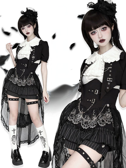 Black and White Prince Ouji Lolita Outfit - White Sleeveless Shirt + Black Cropped Top + Hiigh Waist Blommer Shorts Full Set