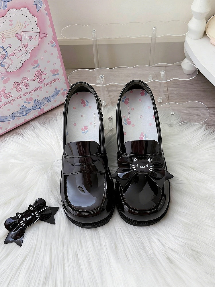 Paw PU Bow Heels Cat-themed Slip-on Detachable Shoes Uniform Cat Heeled Black 4cm Clips with