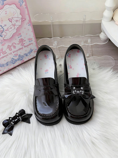 Paw PU Bow Heels Cat-themed Slip-on Detachable Shoes Uniform Cat Heeled Black 4cm Clips with