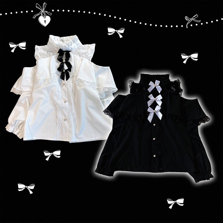 Bow Blouse Jirai with Neckline Shoulder Black/White Kei Illusion Cut-Out Decor