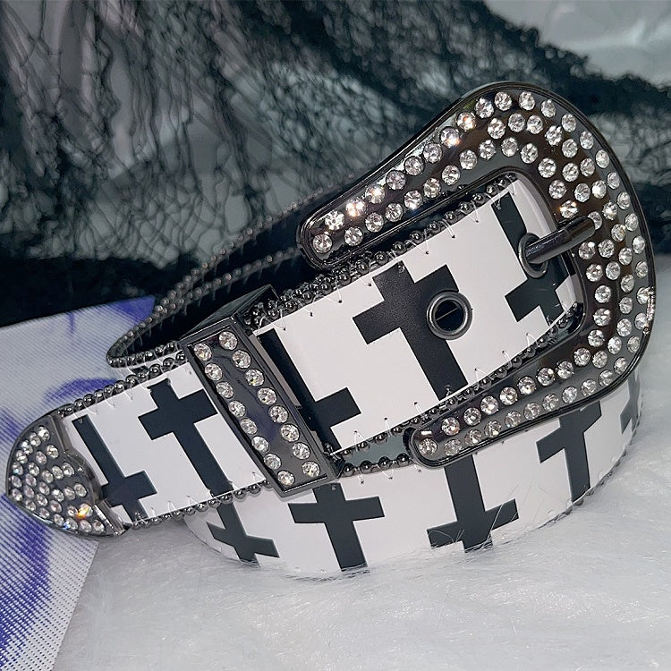 Rhinestone Decorated Beaded And Punk White/Black Print Cross