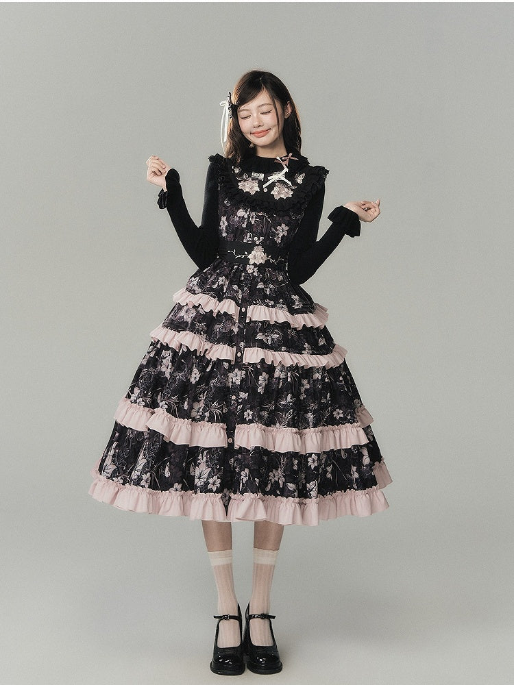 Elegant Black Lolita Layered Sleeveless Gown with Embroidered Accents - Yimu Walnut