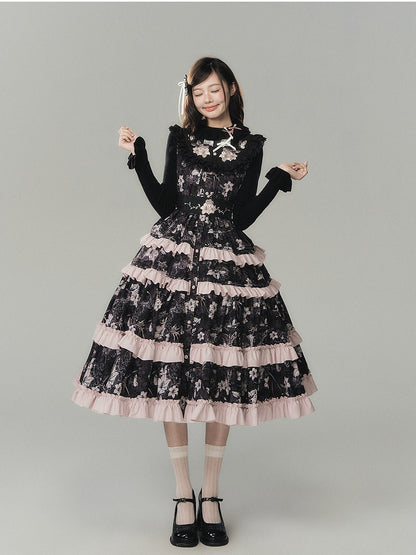 Elegant Black Lolita Layered Sleeveless Gown with Embroidered Accents - Yimu Walnut