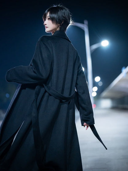 with Slit Black Open Belt Ouji Coat Side Placket Design Hem Unisex Set