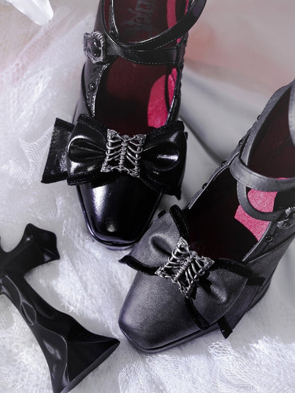 Matte Black Gothic Lolita 10cm Slope Heel Shoes with Butterfly Bow Accent - sphenoid