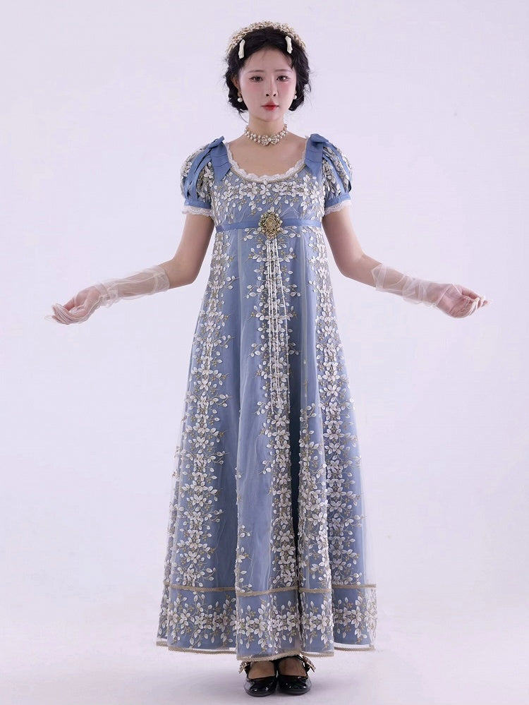 ブルーエンパイアウエストリージェンシーエレガントロリータマキシドレス足首丈バージョン