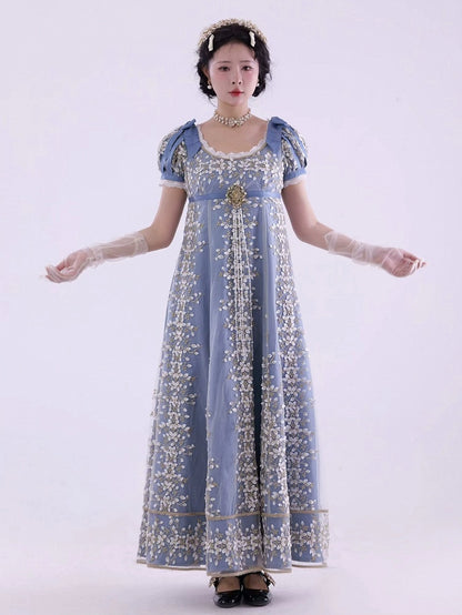 ブルーエンパイアウエストリージェンシーエレガントロリータマキシドレス足首丈バージョン