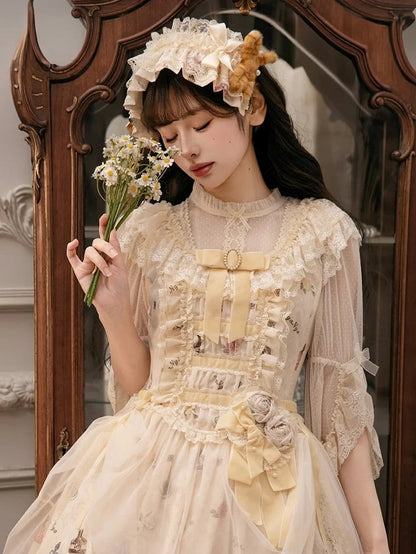 Beige/Green Lace Ruffled Sweet Lolita Hairband with Plush Bows - NyaNya
