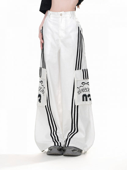 Hose Weites Bein Schwarz Cargo Lose Weiße Taschen