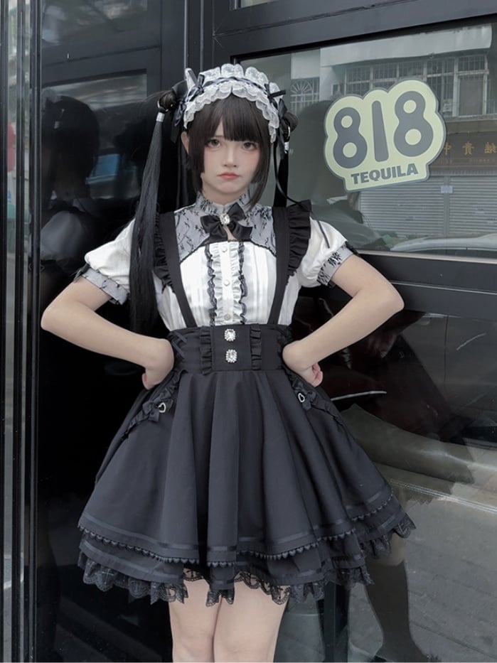 Tiered with at Back Skirt Sleeves Jirai Kei Black Overalls Embellished Bow Flutter Big Rhinestones