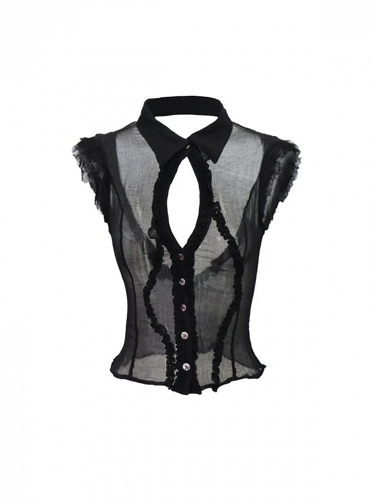 Sheer Black Fashion Irregular Punk Backless Trim With Top Sleeveless Mesh Ruffled