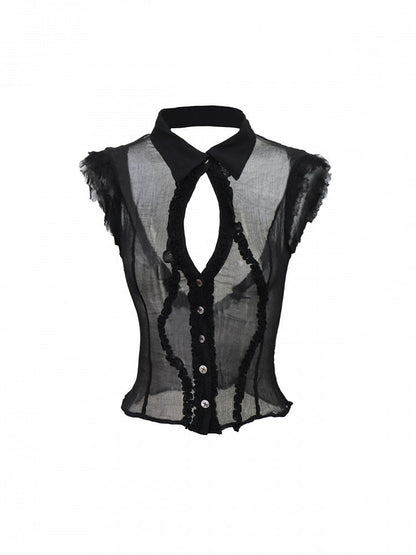 Sheer Black Fashion Irregular Punk Backless Trim With Top Sleeveless Mesh Ruffled