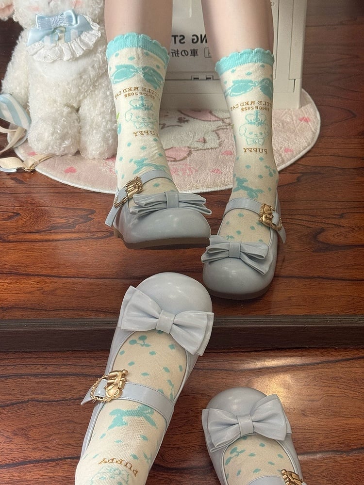 Heart Top Bow Buckles Sky at Hugging Bear Lolita Sweet Flats with Blue