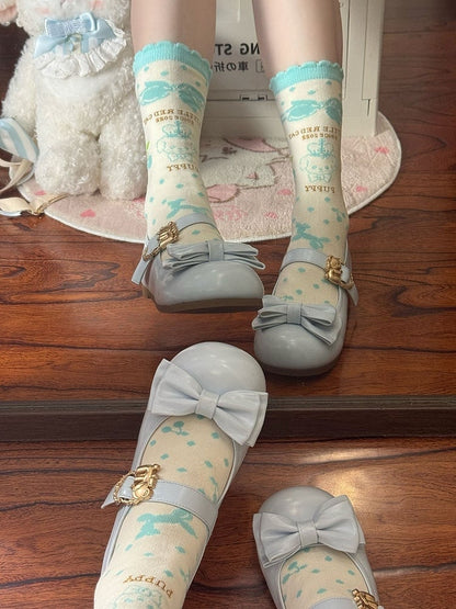 Heart Top Bow Buckles Sky at Hugging Bear Lolita Sweet Flats with Blue